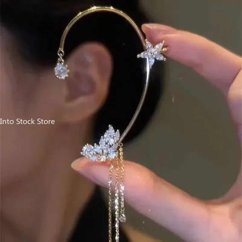 Glänzende Zirkon Schmetterling Ohr Manschette Gold Farbe Quaste Clip auf Ohrringe für Frauen Korea Stil Kupfer Ohrring Ohne Piercing Schmuck