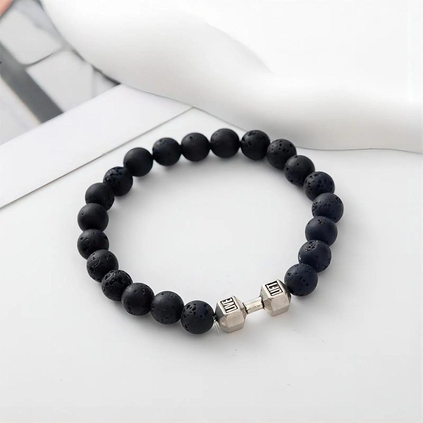 1pc Natürliche Schwarze Vulkanische Lava Stein Hantel Armband Schwarz Matte Perlen Armbänder Für Frauen Männer Fitness Barbell Schmuck Pulser