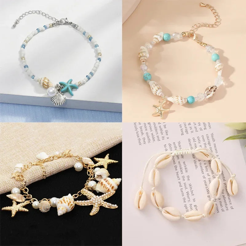Böhmisches Imitation Muschelperlen-Armband für Frauen, Seestern, Schildkröte, gewebtes Seil-Armband, handgefertigt, Freundschaft, Strand, Urlaub, Schmuck