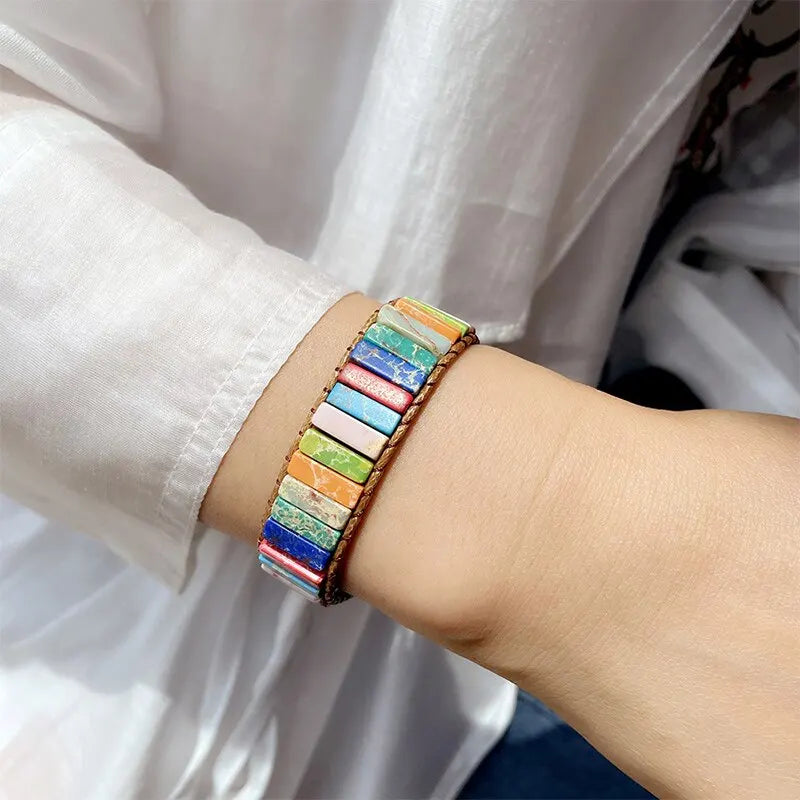 Böhmisches mehrfarbiges Kaiserstein-Armband, 7-Chakra-Heilung, rechteckige Steine, Armband, Lederseil, gewebter Armreif, Handgelenkschmuck