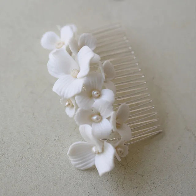 SLBRIDAL Handgemachte Luxus Strass Süßwasser Perlen Ceram Blume Braut Tiara Hochzeit Brautjungfern Krone Frauen Haar Schmuck