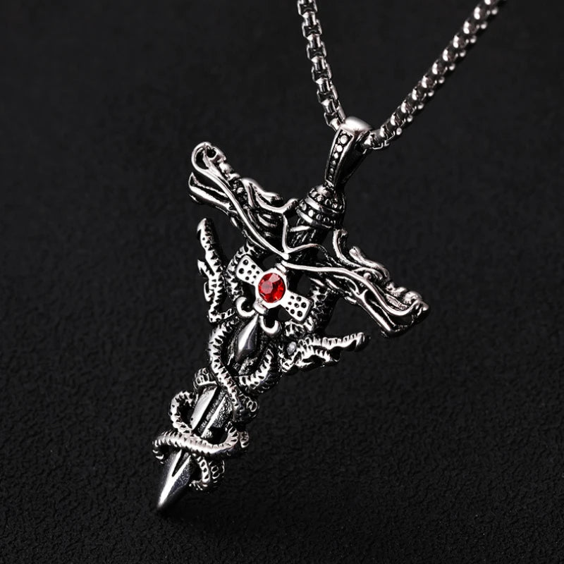 Punk Mode Titan Stahl Halskette für Männer Legierung Doppel Drachen Schwert Anhänger Choker Ring Vintage Bösen blick Kreuz Schmuck Geschenk