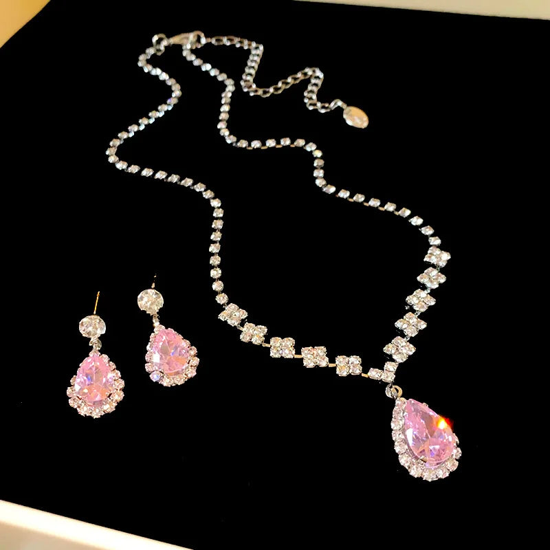 Glänzende Kristall Halskette Ohrringe Damen Mode Große Wassertropfen Strass Halsketten Hochzeit Abendkleid Schmuck Set