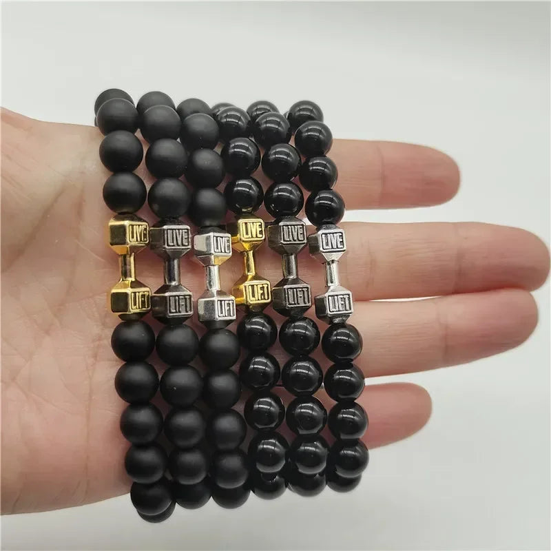 Lava Armband Schwarz Vulkanstein schwarz Matte Hantel Perlen Armbänder Für Frauen Männer Fitness Langhantel Schmuck Herren Armbänder