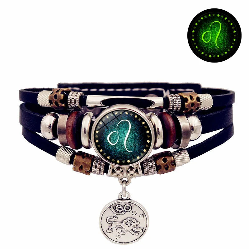 Sternenhimmel Sternzeichen Leuchtendes Lederarmband Mehrschichtiges Perlenleder Herren Schnappverschluss Damen Armband Freundschaftsarmbänder