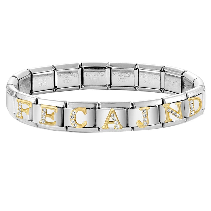 Neues modisches italienisches Armband mit 26 englischen Buchstaben, Edelstahl-Armreif, goldfarben, eingelegter Zirkonia, DIY-Herstellung von Schmuck, Geschenken