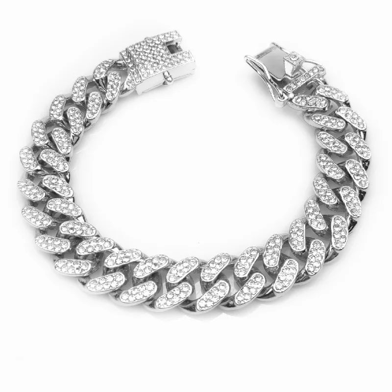 Volle Kristall Stein Kubanischen Kette Hip Hop Armband Für Männer Silber Farbe Metall Link Kette Strass Glück Verschluss Herren Armband