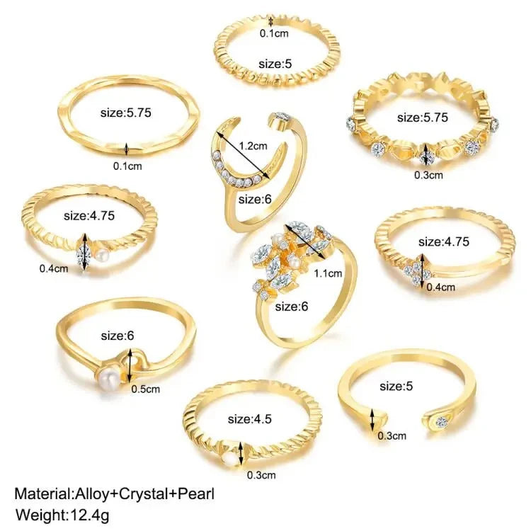 10 Stück Ringe Anzug für Frauen Goldfarbe Kettenblatt Set Bohemian Style Münze Schlange Mond Stern Party Trend Geschenk Schmuck