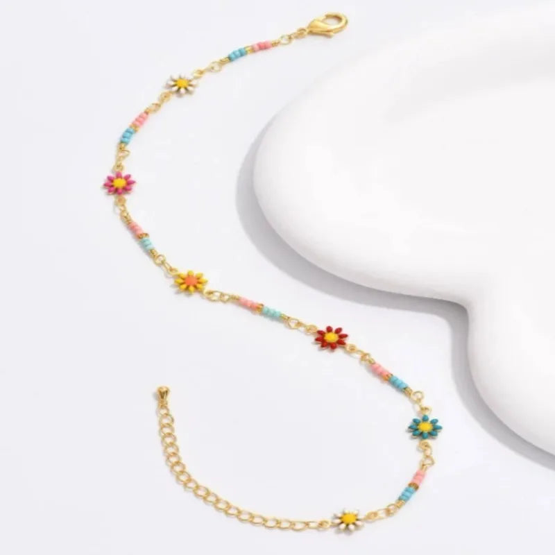 Süße Mode Chrysantheme Gänseblümchen Kette Fußkettchen für Frauen Sommer Boho Chic Gänseblümchen Perlen Fuß Kette Party Berufung Schmuck Geschenke