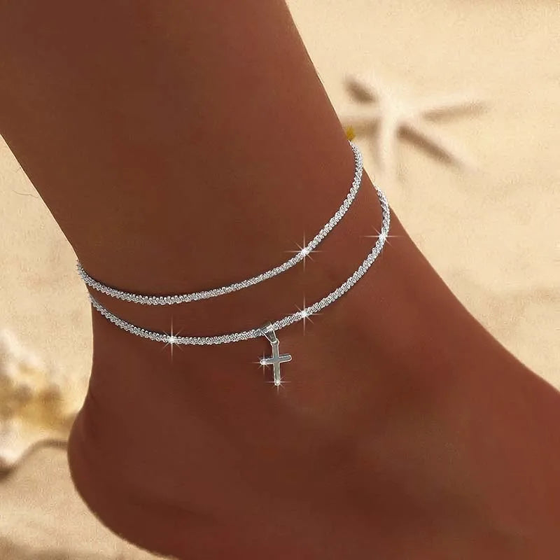 Funkelnde dünne Kette Fußkettchen für Frauen Zirkon Herz Kreuz Anhänger Doppelschicht Armband am Bein Fuß trendiger Sommer Strand Schmuck