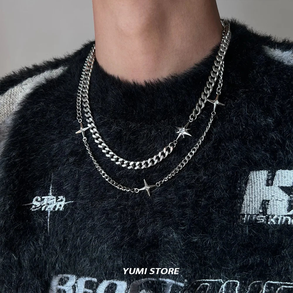 Hip Hop Doppel-schicht Stern Kreuz Halskette Für Mann Frau Titan Stahl Schlüsselbein Kette Choker Punk Männlichen Zubehör Großhandel