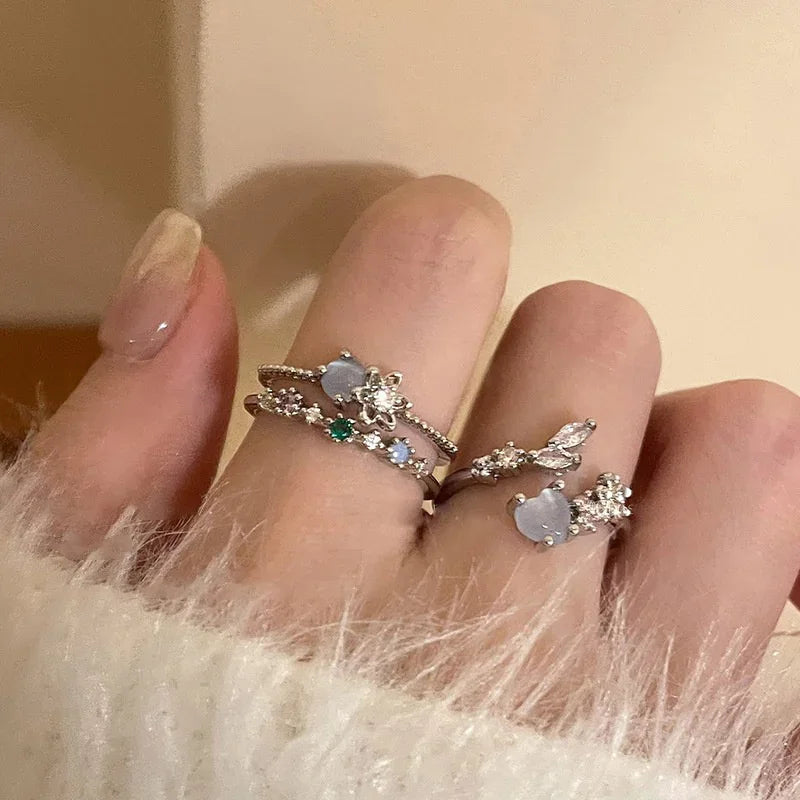 2023 neue Mode Blau Opal Herz Offene Ringe für Frauen Blume Strass Finger Ringe Hochzeit Party Trendy Mädchen Schmuck Geschenke