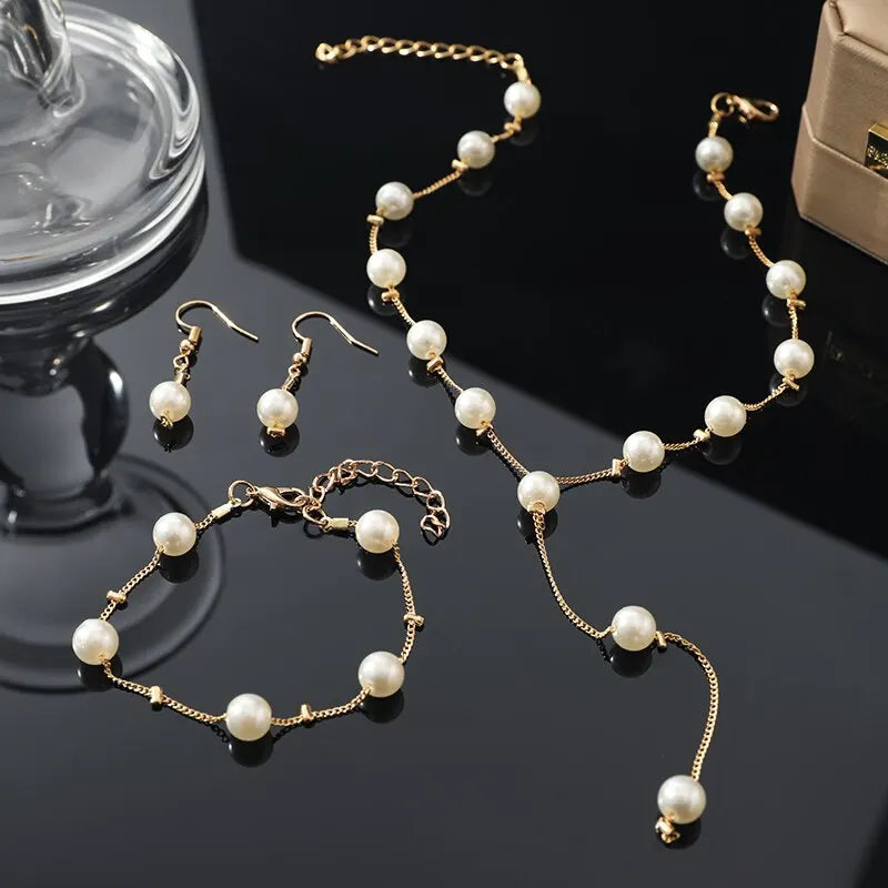 4 stücke Gold-farbe Halskette Ohrring Armband Set Damen Elegante Imitation-Perlen Sammlung Temperament Quaste Schmuck