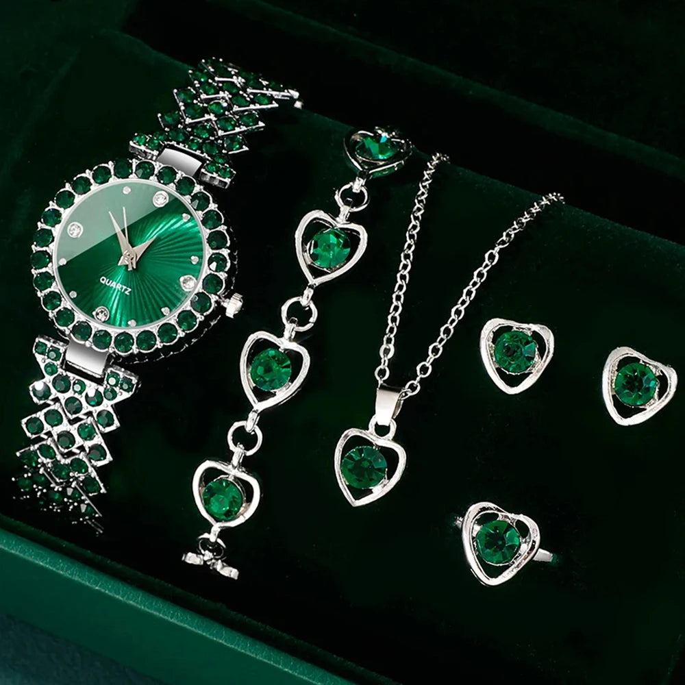 Frauen Mode Uhren Herz Strass Ring Halskette Ohrring Schmuck Set Luxus Kleid Quarz Armbanduhr einfache elegante Uhr GIF