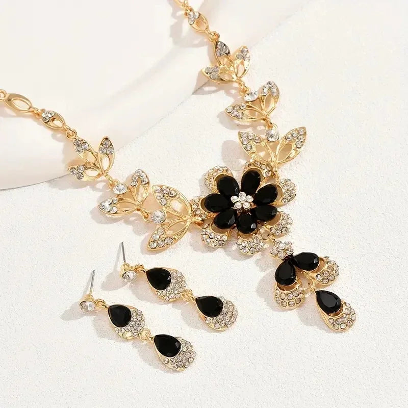 3-teiliges Modeschmuck-Set, luxuriöse Strass-Kristall-Blumen-Ohrringe, elegante Damen-Bankett-Hochzeitsaccessoires, Halsketten-Set