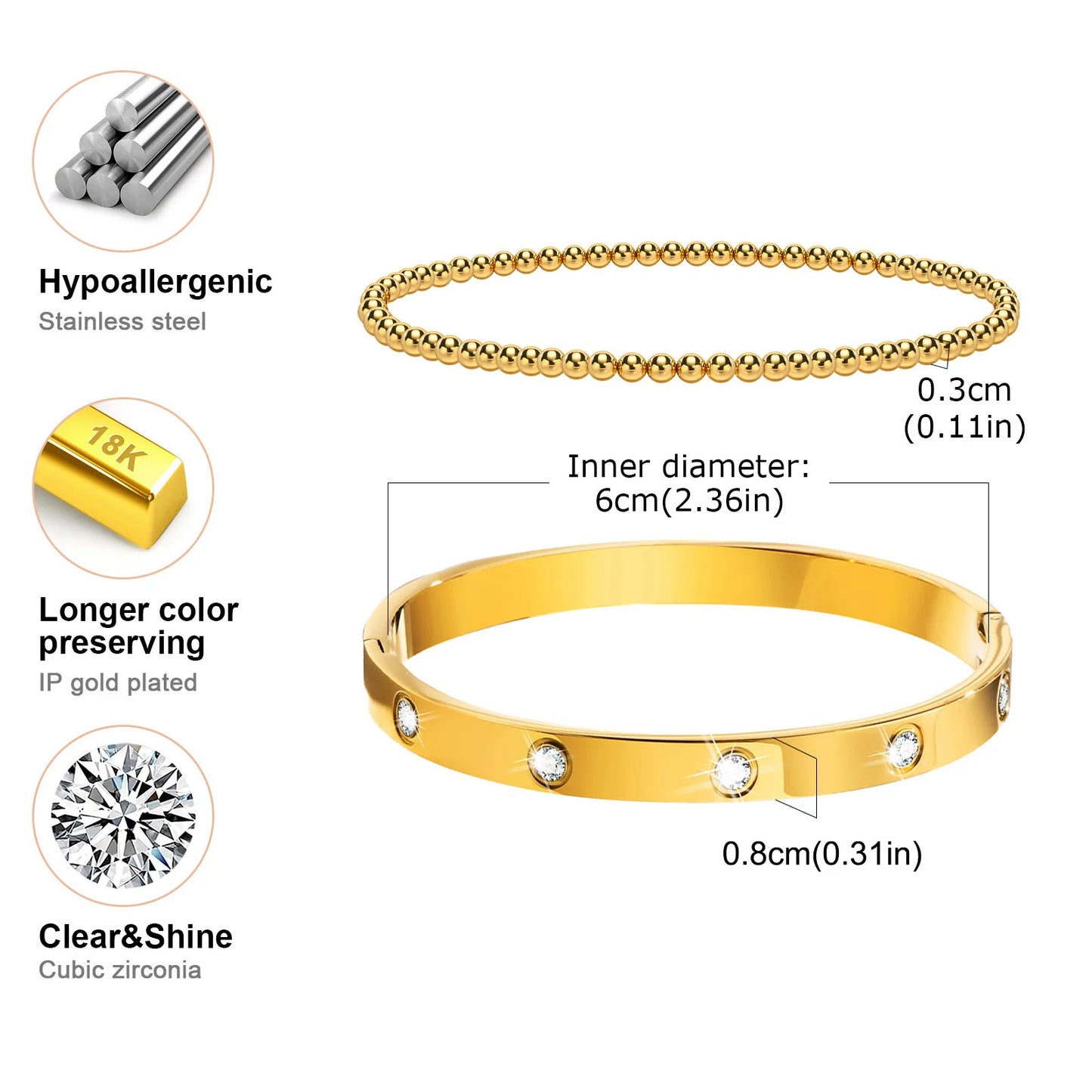 Vnox 2–8 mm Damen-Armbänder-Set, einfache gestapelte vergoldete Edelstahl-Perlen-Armbänder, glamouröse Liebesgeschenk-Manschettenarmbänder für Sie