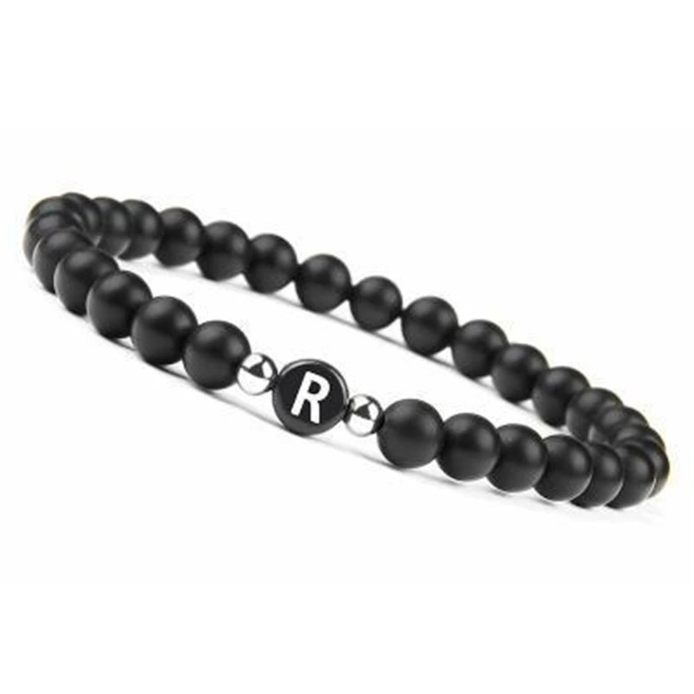 6 mm 26 Buchstaben-Armband, Unisex, schwarzer mattierter Stein, Perlen-Armreif, handgefertigt, DIY-Armband für Frauen, Männer, Paare, Freundschaftsgeschenke