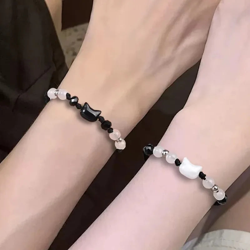 2 stücke natürliche Mondstein Obsidian Armbänder Paar minimalist ischen Armband handgemachte süße schwarze weiße Katze Armband Party Schmuck Geschenke