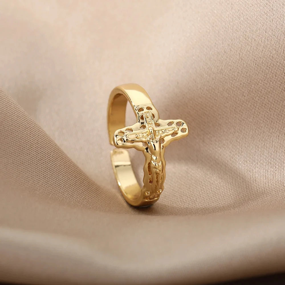 Vintage Jesus Kreuz Ringe Für Frauen Männer Gold Farbe Edelstahl Jesus Kreuz Einstellbare Ring Religiöse Party Schmuck Geschenk