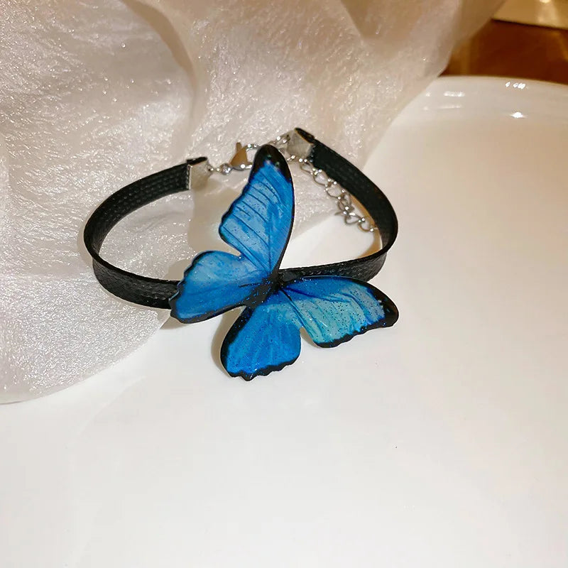 Blaue Schmetterling Halskette Armband Schmuck Set für Frauen Boho Leder Kette Choker Halskette Armreif Imitation Pealr Ohrringe