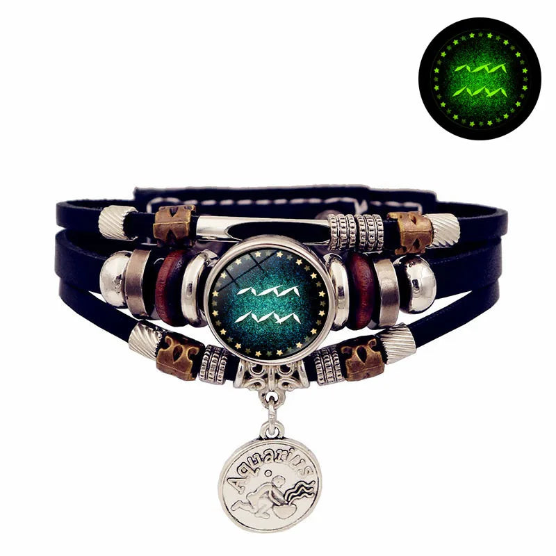 Sternenhimmel Sternzeichen Leuchtendes Lederarmband Mehrschichtiges Perlenleder Herren Schnappverschluss Damen Armband Freundschaftsarmbänder