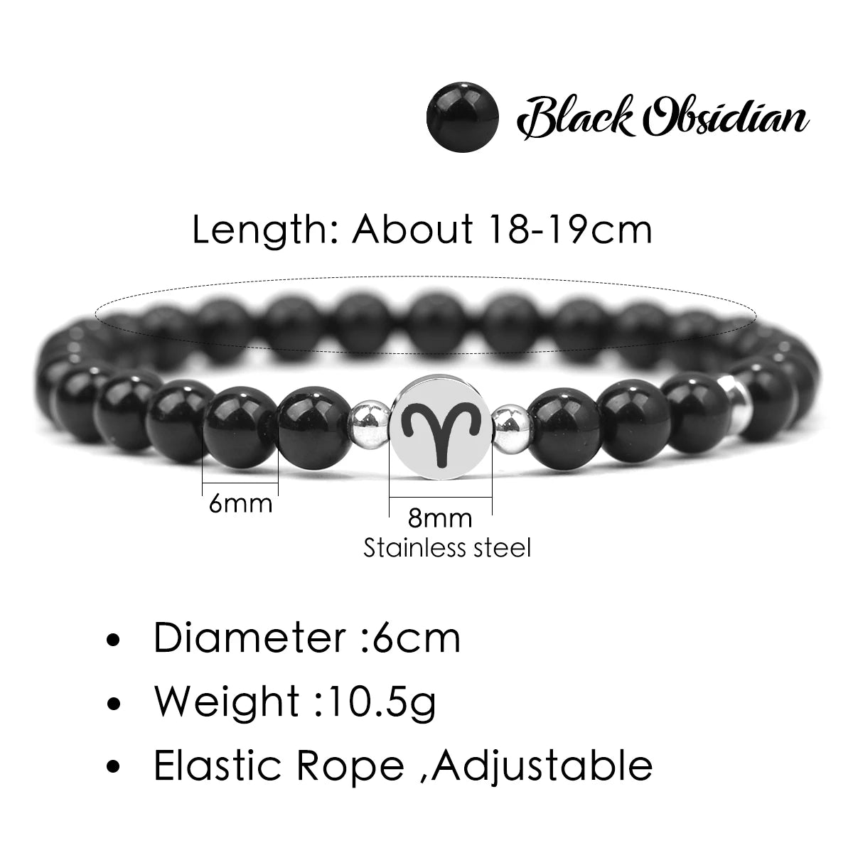 Armband mit 12 Sternzeichen, 6 mm, Naturstein, Obsidian, Edelstahl, Steinbock, Schütze, Herrenarmband, Damenarmband, Sieraden