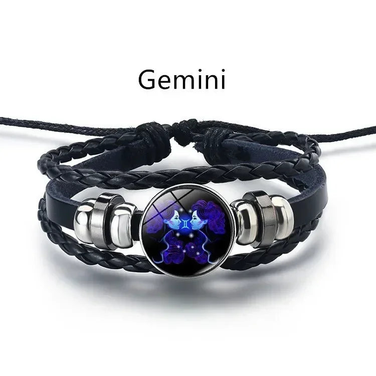 12-Sternbild-Sternzeichen, schwarzes geflochtenes Lederarmband, Krebs, Löwe, Jungfrau, Waage, gewebte Glaskuppel, Schmuck, Punk-Männerarmband