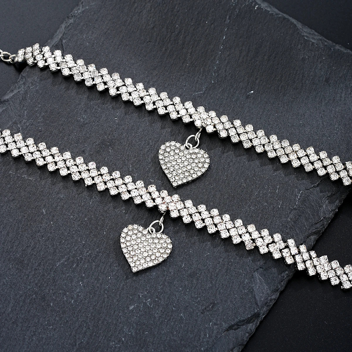 2-teiliges modisches Fußkettchen mit silbernem Strass-Herz-Anhänger für Frauen, Ins Bling Love Foot, Knöchel-Armband-Set, Kette, Schmuck, Geschenke