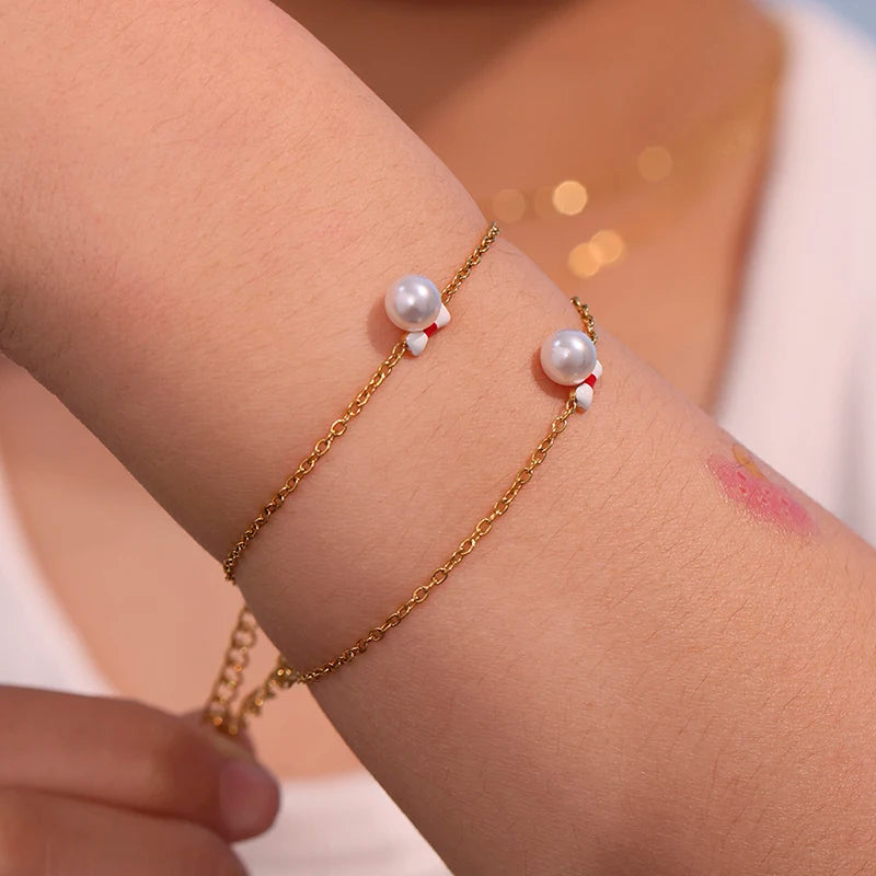 Liora Mode Emaille Bowknot Anhänger Simulierte Perle Halskette Armband Ring Ohrringe Für Mädchen Edelstahl Charme Schmuck Set