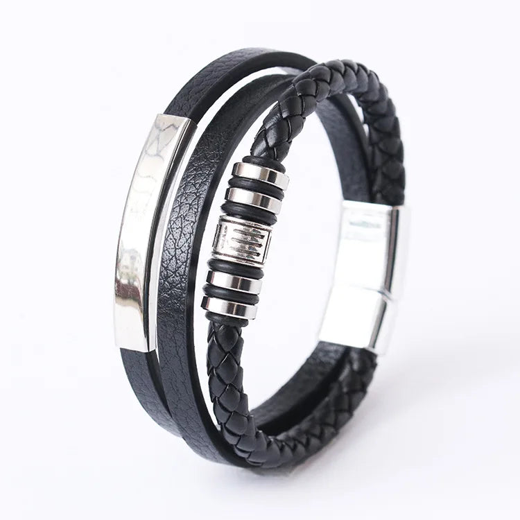 Trendige Lederarmbänder für Männer, Edelstahlarmband, 21 cm, mehrschichtige geflochtene Seilarmbänder für männliche Schmuckgeschenke