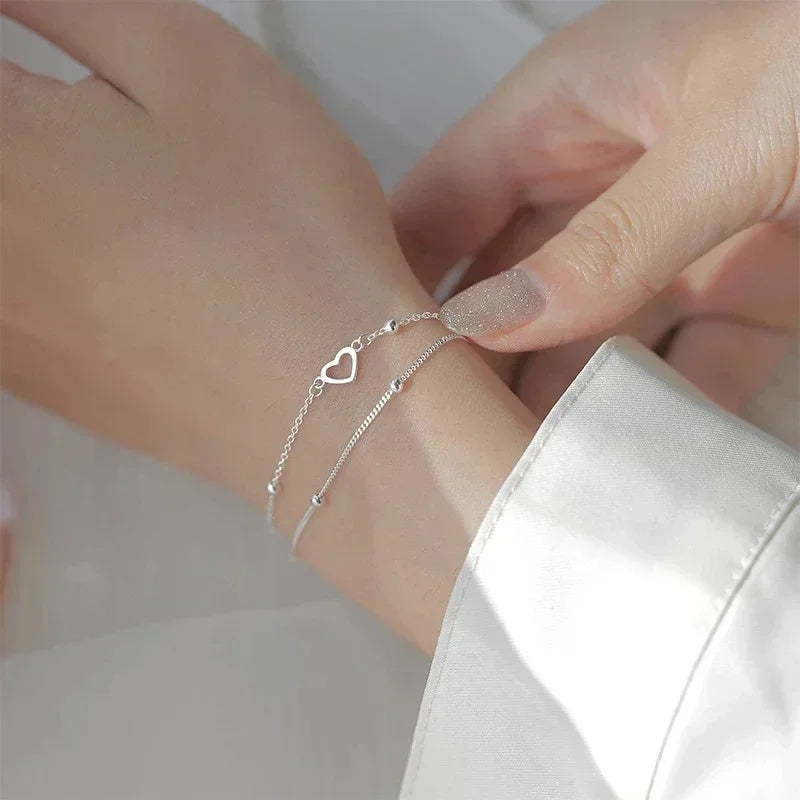 Armband aus 925er-Sterlingsilber, doppeltes Liebesherz, hohle runde Perlen, Damenmode, romantischer Schmuck, klassisch, verstellbar, Geschenke