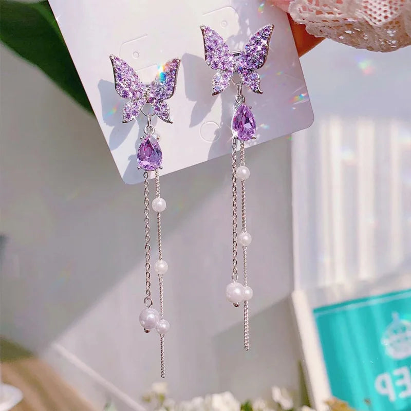Neue Luxus Frauen Zirkon Kristall Perlen lange Quaste Schmetterling Ohrringe Ohr stecker Schmuck Geschenke
