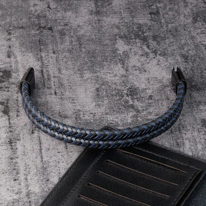 Männer Schwarz Blau Geflochtenes Echtleder Armband Doppelband Armreif