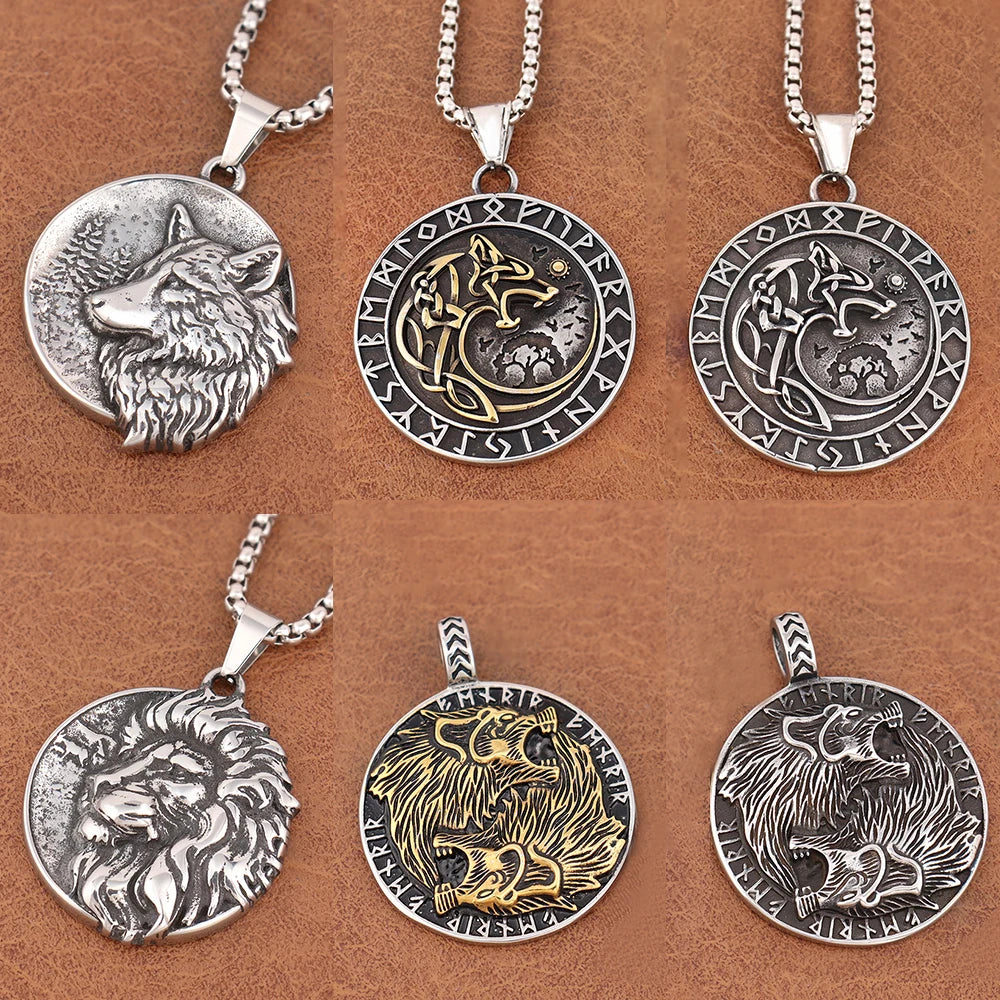 Wolf & Löwe Anhänger Halskette mit nordischen Runen Vintage Stil Wikinger Tribal Kette für Männer, Punk Biker Edelstahl Schmuck Geschenk