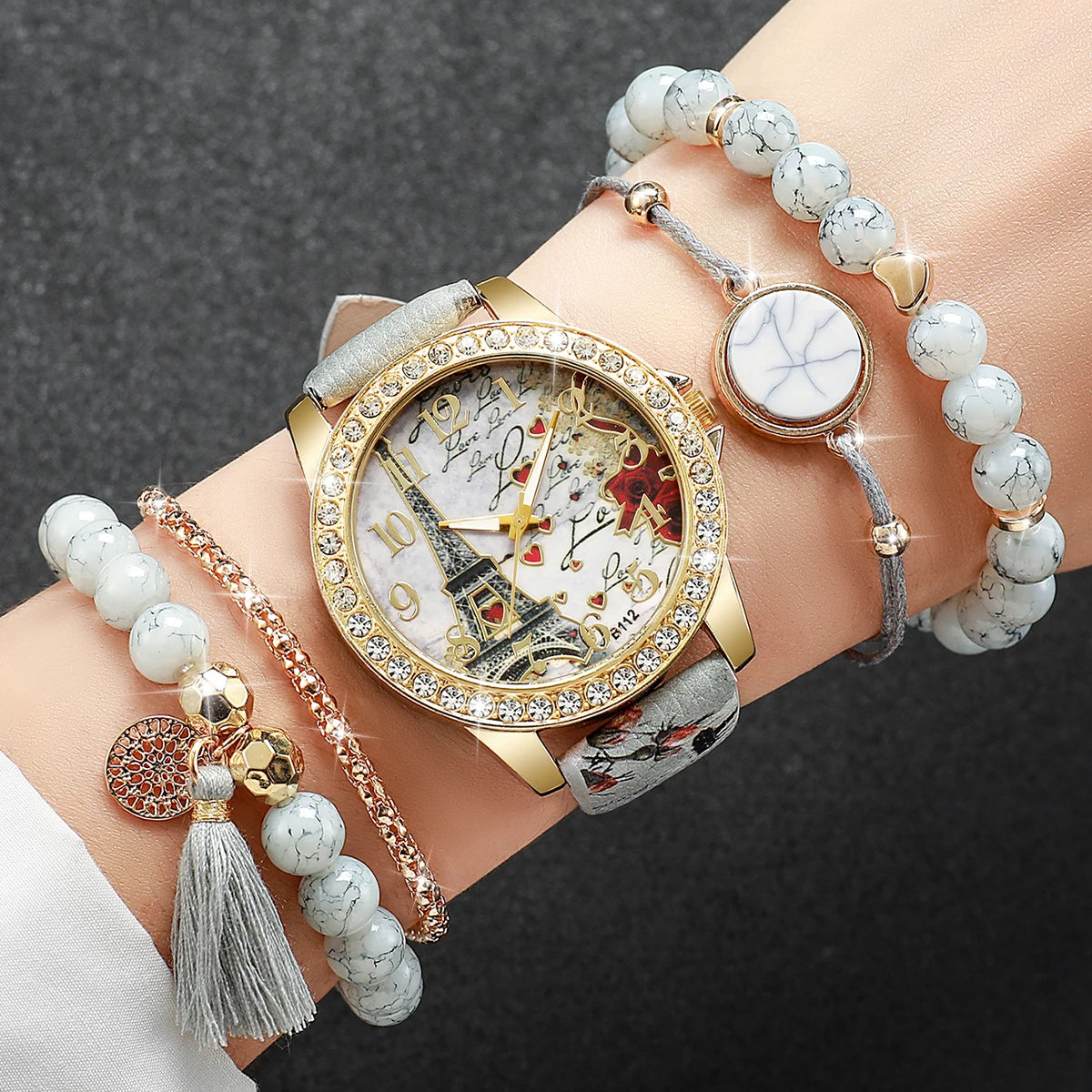 3/4/5PCS Mode Strass frauen Uhr Blumen Gedruckt Leder Band Weibliche Quarz Uhren Armbänder Set (ohne Box)