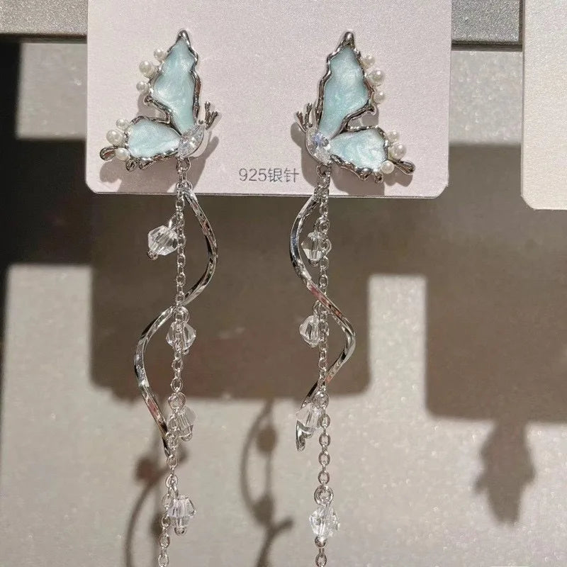 Temperament Blau Glasierte Schmetterling Baumeln Ohrringe Für Frauen Strass Perle Quaste Anhänger Ohr Ringe Party Dame Schmuck Geschenke
