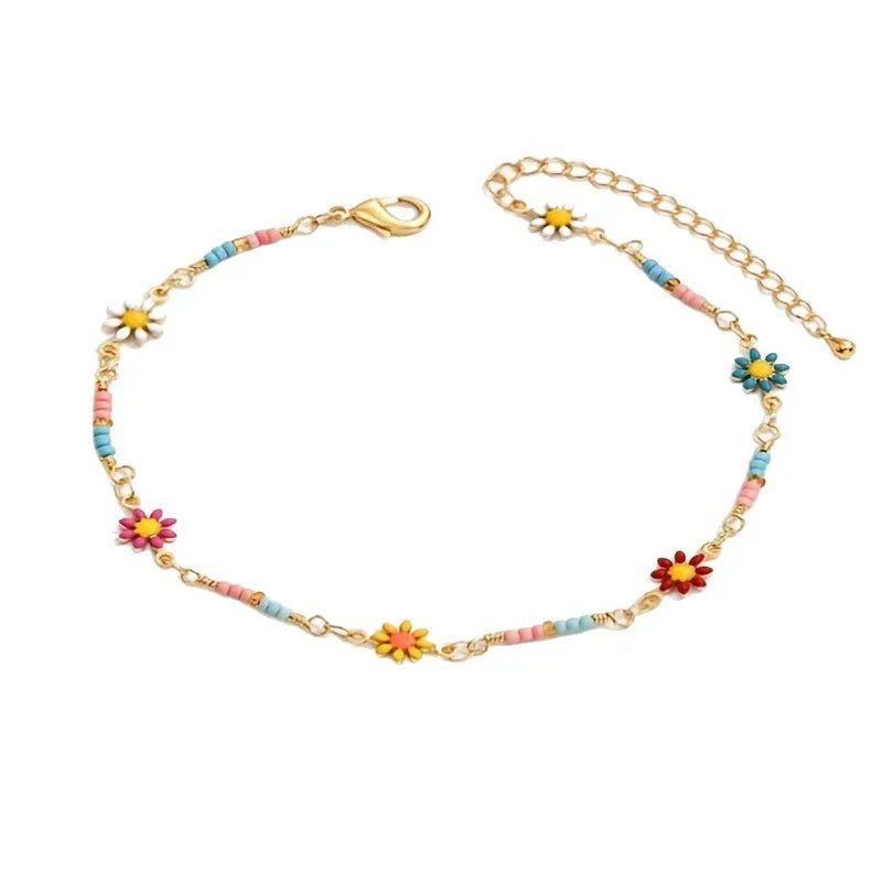 Süße Mode Chrysantheme Gänseblümchen Kette Fußkettchen für Frauen Sommer Boho Chic Gänseblümchen Perlen Fuß Kette Party Berufung Schmuck Geschenke