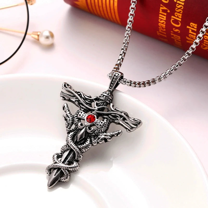 Punk Mode Titan Stahl Halskette für Männer Legierung Doppel Drachen Schwert Anhänger Choker Ring Vintage Bösen blick Kreuz Schmuck Geschenk