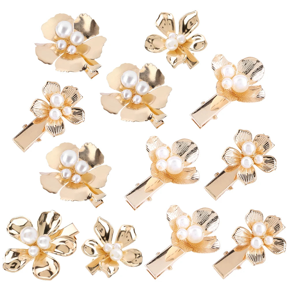 10/12/16 Stück kleine Blumen-Haarspangen, Metall, goldene Perlen-Haarspangen, florale Kopfbedeckung, florale Perlen-Haarnadeln, Haar-Accessoires