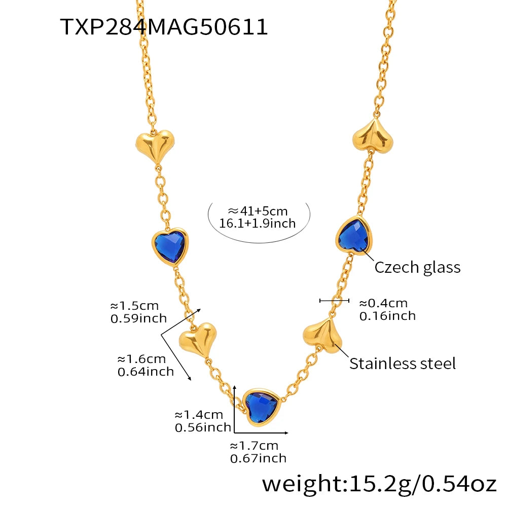 Edelstahl-Halskette, Armbänder, Ohrringe für Frauen, 6 Farben, Herz, facettierte tschechische Glas-Halsketten, Armband, baumelnde Ohrringe-Set