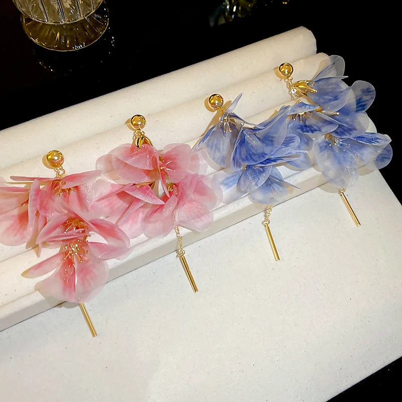 Rosa Blumen Mesh Lange Quaste Ohrringe Für Frauen Süße Temperament Kristall Tropfen Baumeln Ohrring Party Hochzeit Schmuck Großhandel