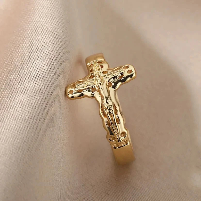 Vintage Jesus Kreuz Ringe Für Frauen Männer Gold Farbe Edelstahl Jesus Kreuz Einstellbare Ring Religiöse Party Schmuck Geschenk