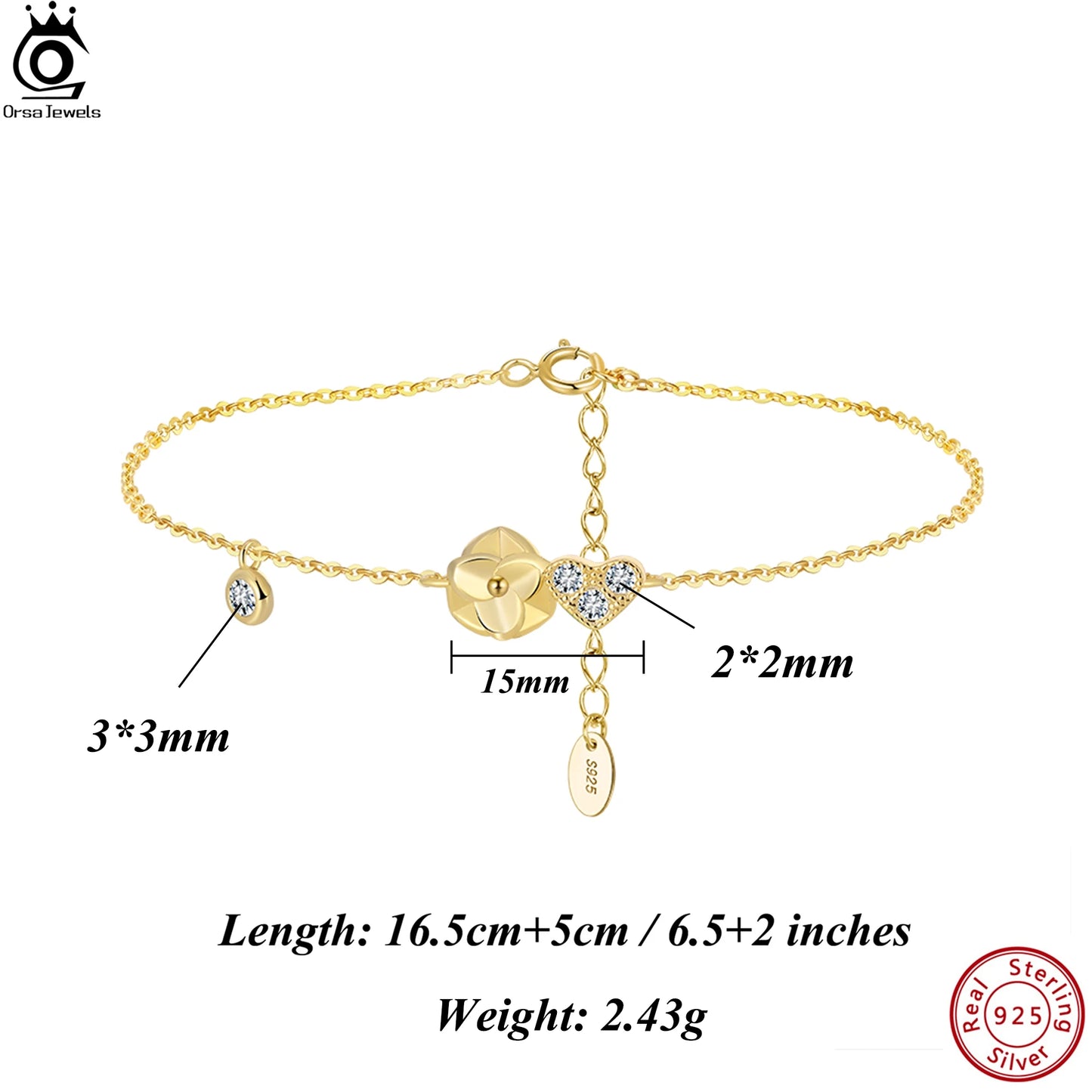 ORSA JEWELS Herz-Zirkonia-Kettenarmband aus 925er-Sterlingsilber, O-Kette, Blumendesign, Naturstil, trendige Damen-Accessoires APB09