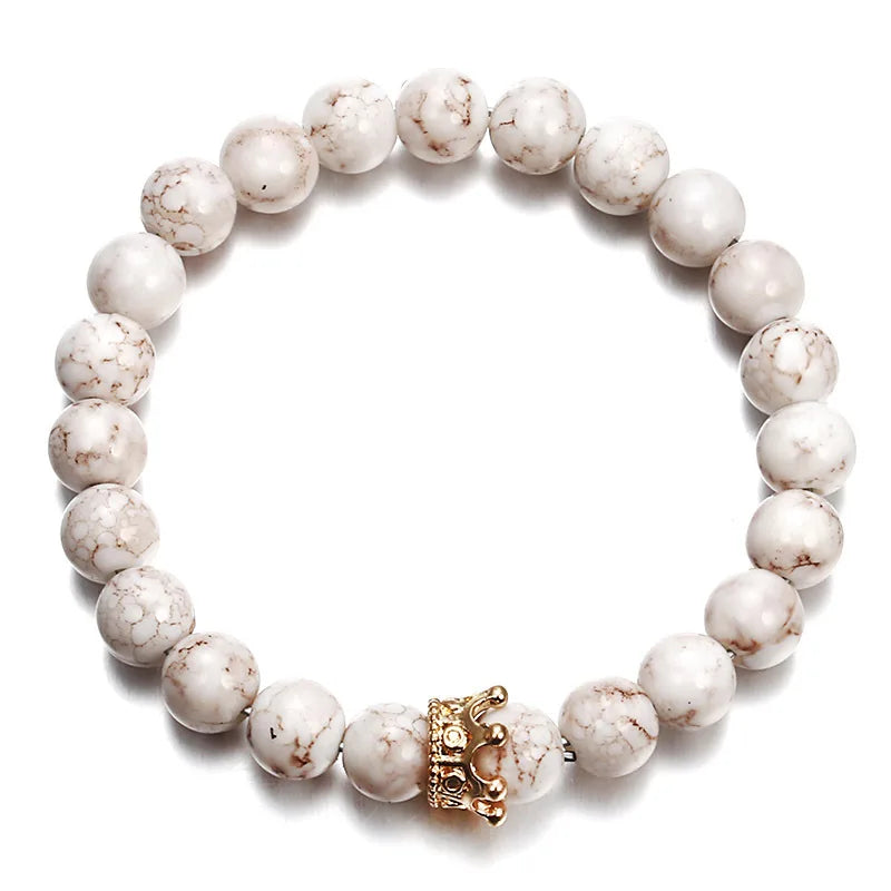8MM Weiß Kiefer Vulkanstein Armband Elastischen Faden Eingestellt Perle Neue Vulkanstein Krone Armband Für Frauen Männer Schmuck geschenk