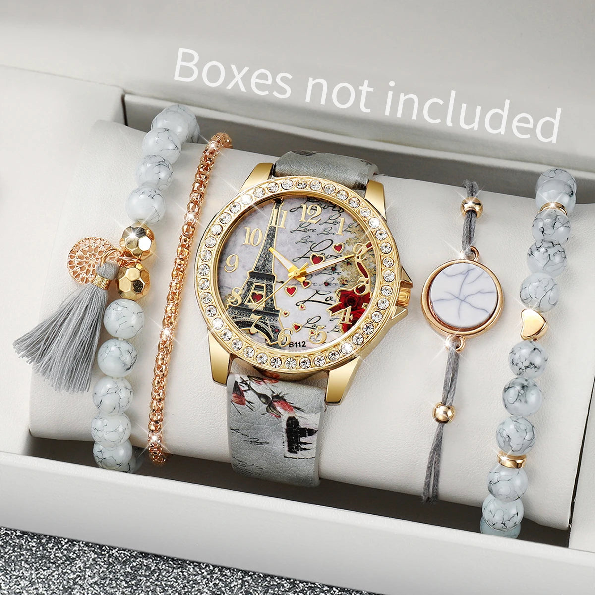 3/4/5PCS Mode Strass frauen Uhr Blumen Gedruckt Leder Band Weibliche Quarz Uhren Armbänder Set (ohne Box)
