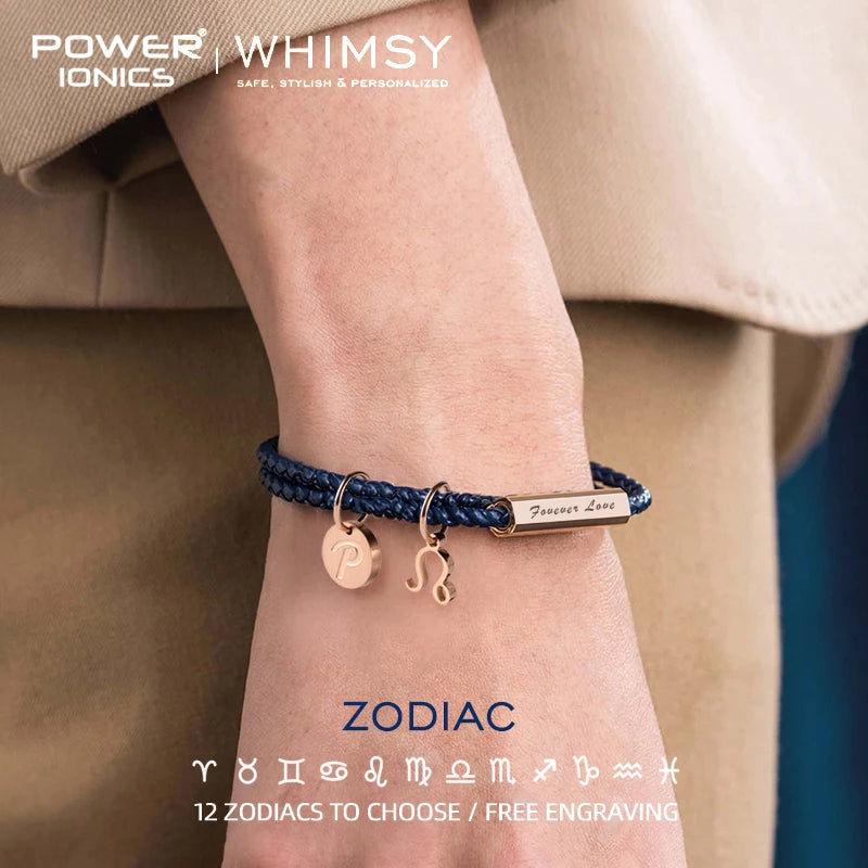 Power Ionics Launen 12 Zodiacs Serie Männer Frauen Echt leder Wrap Charm Armband Geburtstags tag Geschenke kostenlose benutzer definierte Gravur