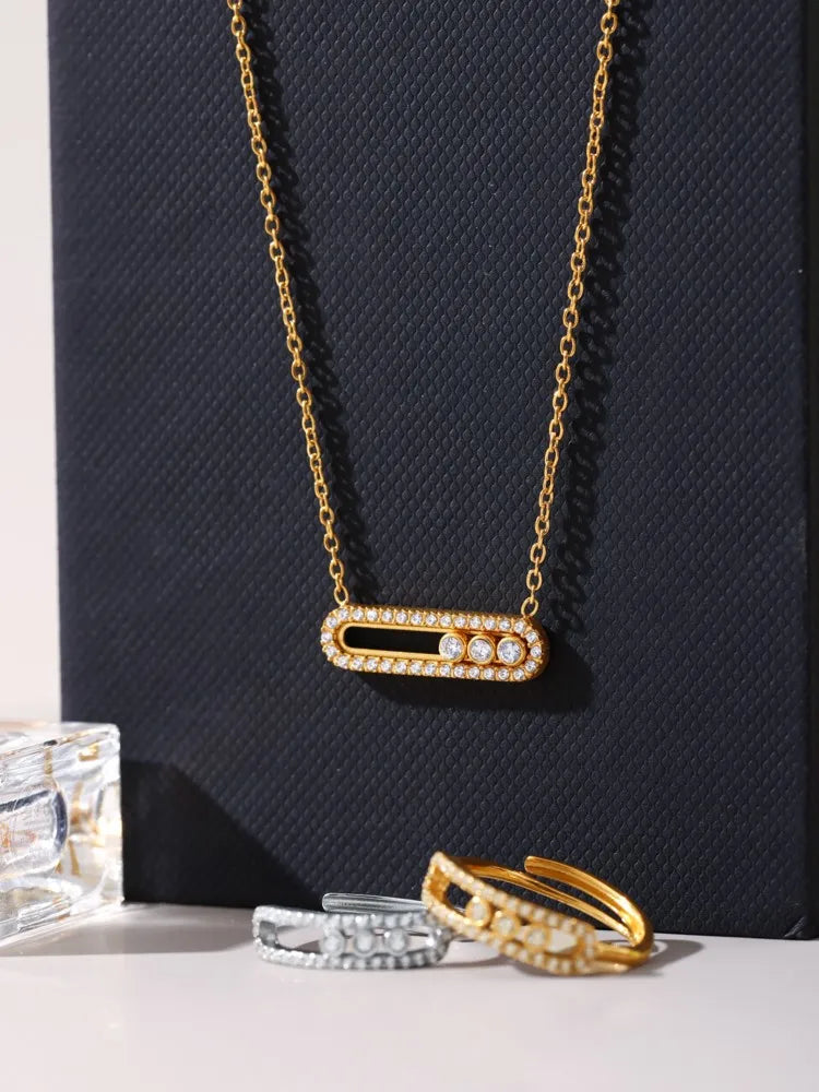 Edelstahl-Ketten-Halsketten, Ringe für Damen, 18 Karat vergoldet, mit beweglichem Zirkon-Anhänger, Halskette, passendes Ring-Schmuckset