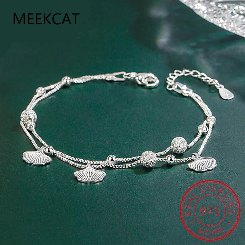 925 Sterling Silber Mode Doppelschicht Perlen Kette Ginkgo Blatt Armband Für Frauen Hochzeit Valentinstag Schmuck DB1161