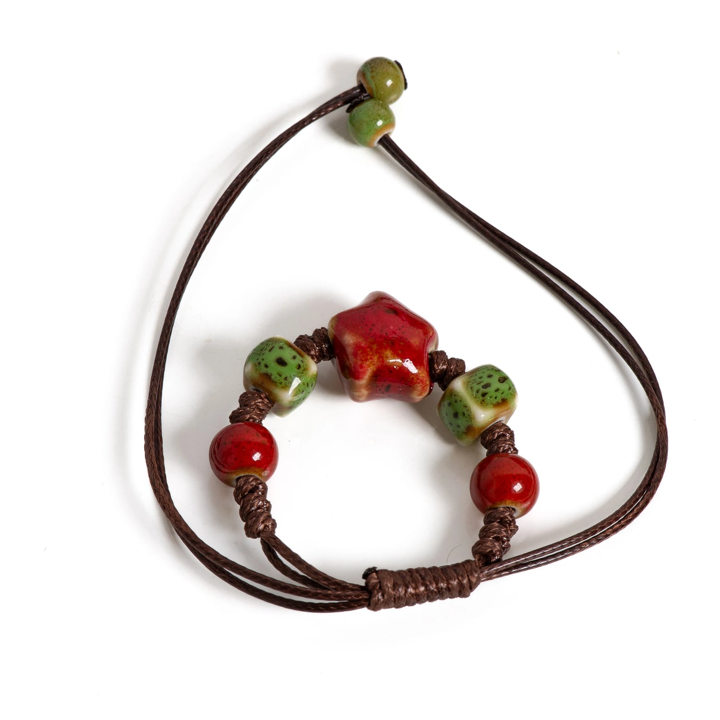 Handgefertigtes glasiertes grünes quadratisches Stern-Keramik-Armband, böhmischer verstellbarer minimalistischer Schmuck S02-028