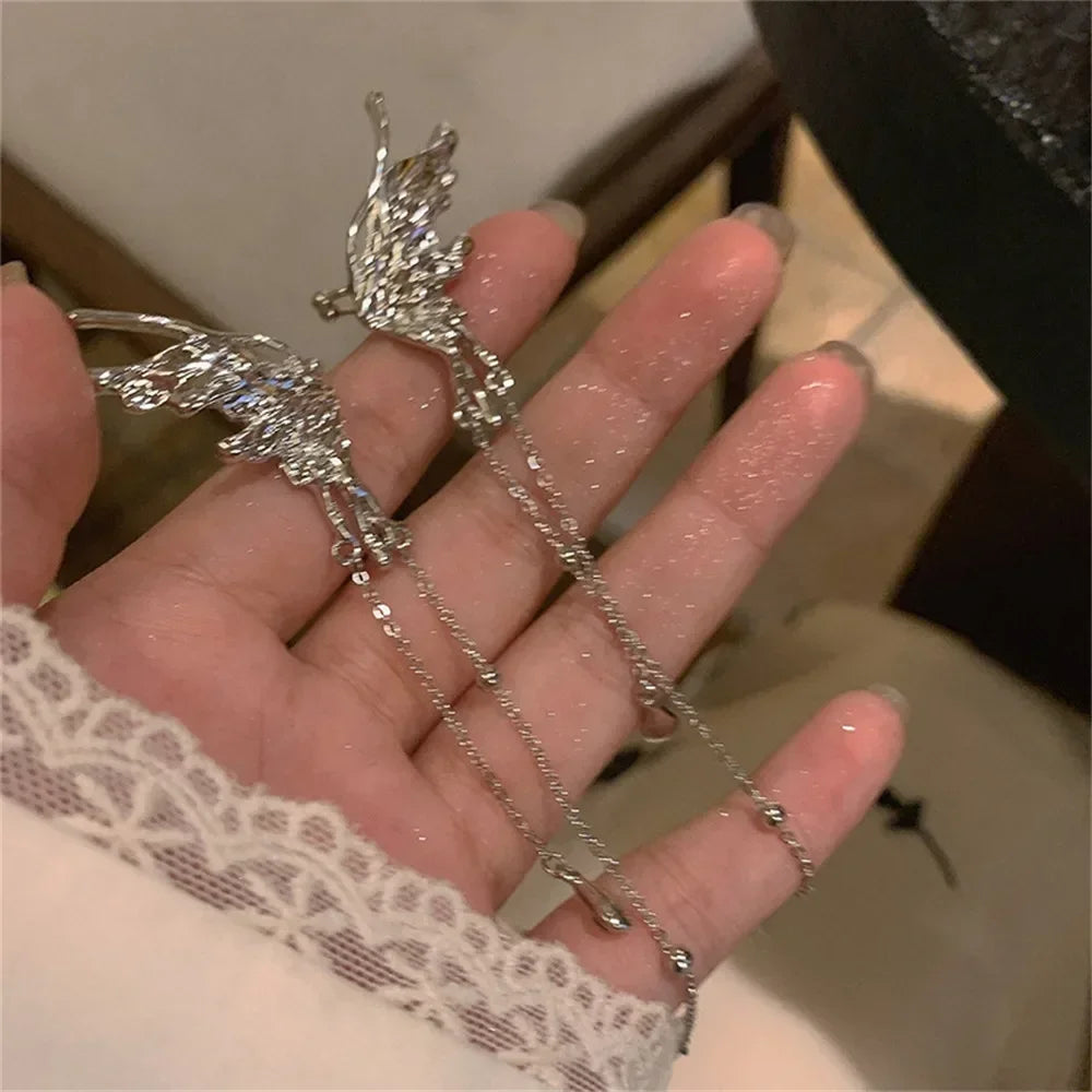 Neue Kpop Silber Farbe Ohrringe Fee Engel Flügel Schmetterling Lange Quaste Clip Ohrringe für Frauen Teenager Coole Ohr Manschette Party Schmuck